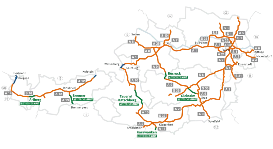 Mapa Austrii z zaznaczonymi autostradami i drogami płatnymi. Planujesz podróż w 2025 roku? Sprawdź, gdzie potrzebne są winiety Austria 2025.
