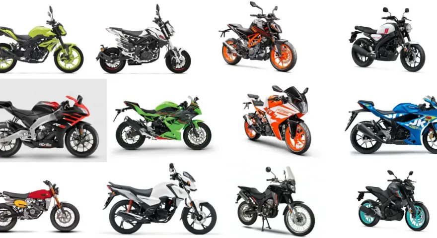 Kolekcja motocykli, w tym modele marki japońskich motocykli: Yamaha, Suzuki, Kawasaki. Różne style, od sportowych po terenowe.