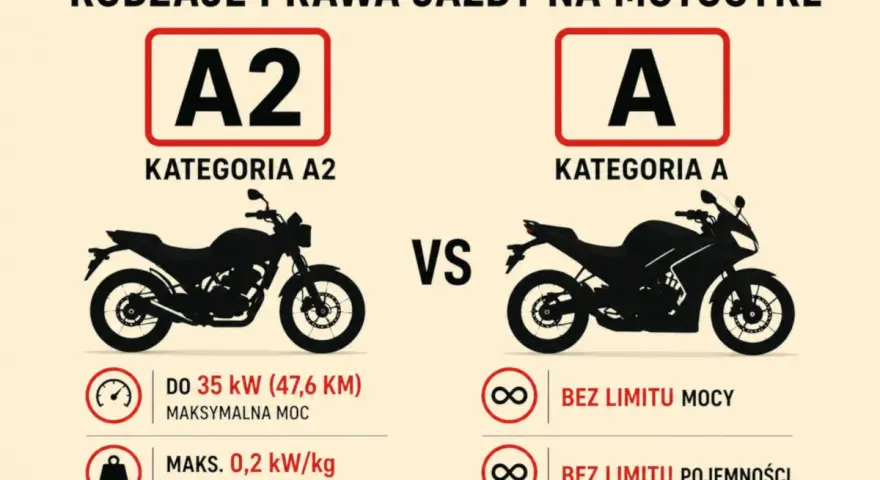 Porównanie kategorii prawa jazdy na motor: A2 (do 35 kW) vs A (bez limitu mocy i pojemności).