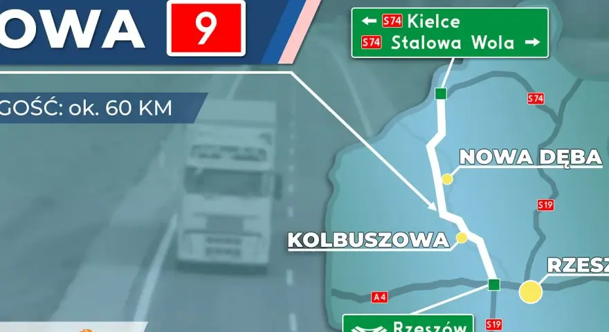 Mapa z zaznaczoną drogą krajową nr 9, prowadzącą przez Nową Dębę i Kolbuszową. Widać też kierunki na Kielce i Stalową Wolę.