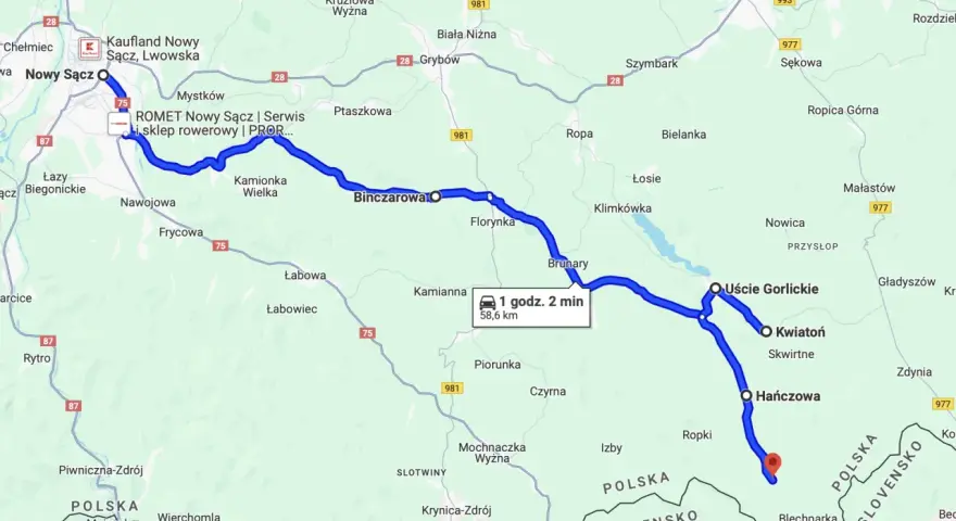 Mapa drogowa Podkarpacia z zaznaczoną trasą motocyklową od Nowego Sącza do okolic Hańczowej.