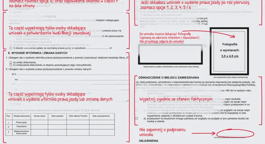 Formularz wniosku o wydanie prawa jazdy, z zaznaczonym polem "zgubione prawo jazdy".