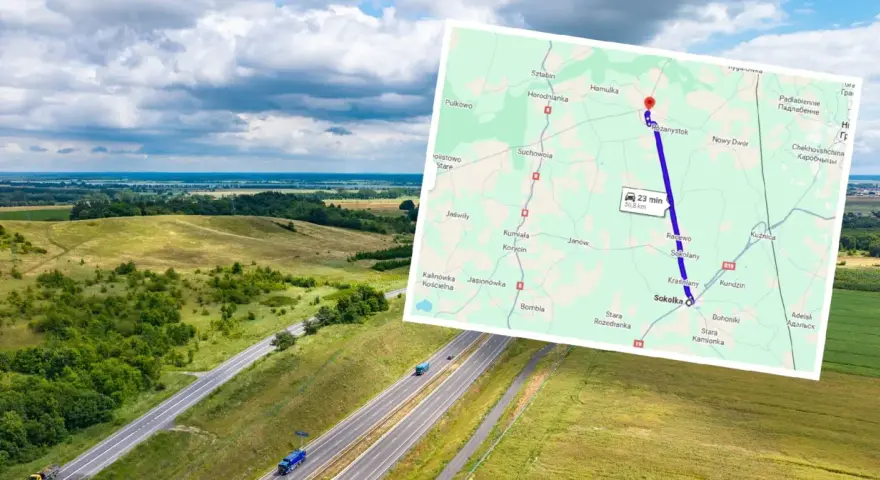 Mapa z zaznaczoną trasą S19, najdłuższa prosta droga w Polsce, prowadzi przez malownicze tereny Podlasia.