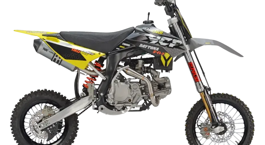 Daytona 190 SPS – jaki motocykl na 190 wzrostu? Ten żółto-szary pit bike z czarnym siedzeniem i oponami terenowymi wygląda na idealny do zabawy.