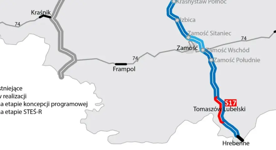 Mapa przedstawia przebieg drogi ekspresowej S17, z zaznaczonymi odcinkami istniejącymi (czarne), w realizacji (czerwone) oraz w fazie koncepcji (niebieskie).