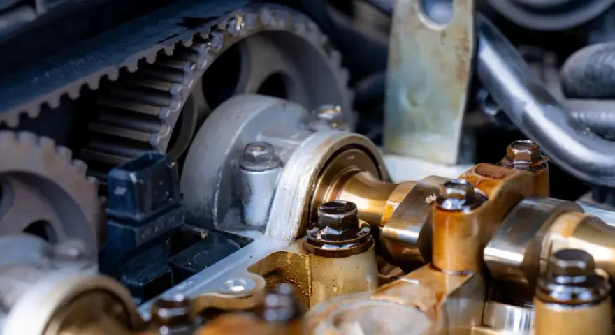 Widok mechanizmu rozrządu silnika. Uszkodzony napinacz łańcucha rozrządu może objawiać się stukaniem i nierówną pracą silnika.