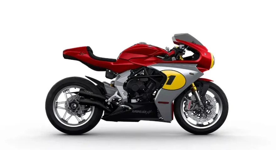 Czerwono-srebrny MV Agusta Superveloce z numerem 1 na owiewce, inspirowany legendą wyścigów.