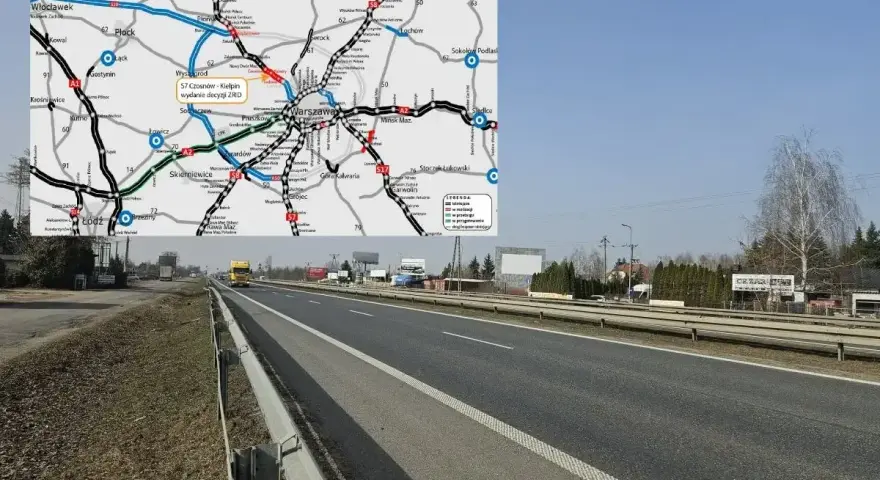 Mapa drogowa z zaznaczoną trasą S7 i widokiem na drogę ekspresową.