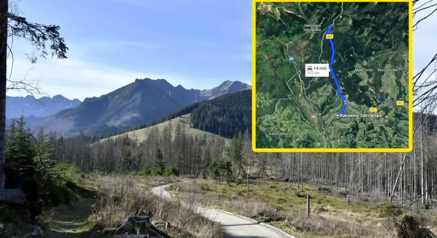 Malownicza droga w górach, prowadząca do najwyżej położonej drogi w Polsce. Widok na Tatry i mapę z trasą.