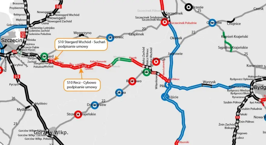 Mapa drogowa z zaznaczoną drogą ekspresową S10, pokazującą jej przebieg między Szczecinem a Bydgoszczą, z zaznaczonymi odcinkami w budowie.