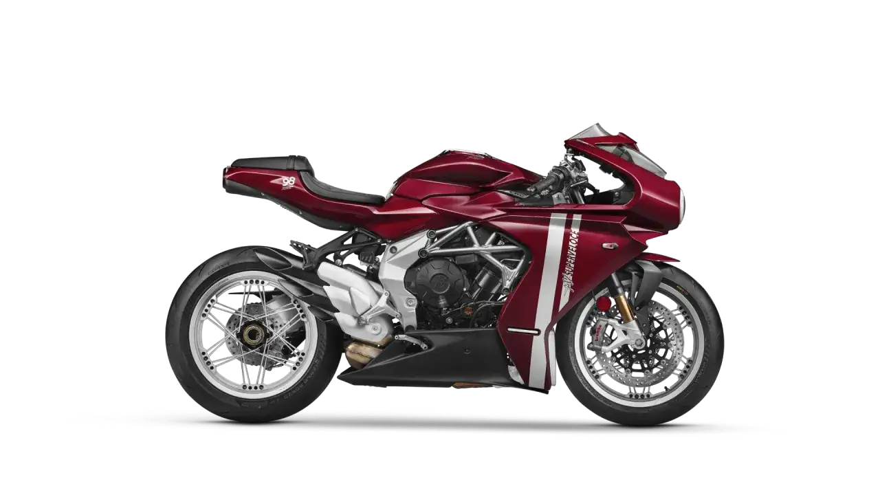 Elegancki, czerwony MV Agusta Superveloce z białymi pasami i numerem 98 na siedzeniu, prezentuje się na czarnym tle.