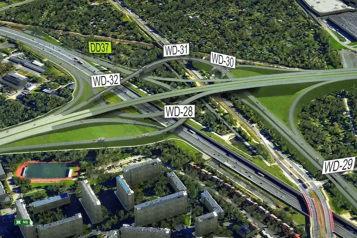 Wizualizacja węzła drogowego DD37, który usprawni ruch na trasie zakopianka. Widoczne estakady i wiadukty WD-32, WD-31, WD-30, WD-28, WD-29.