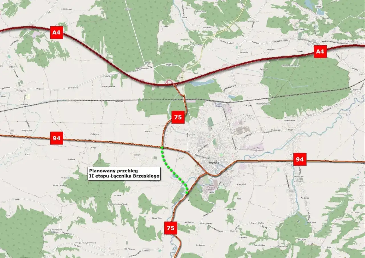 Mapa drogowa z zaznaczoną trasą A4 i 94. Widoczny planowany przebieg II etapu Łącznika Brzeskiego.