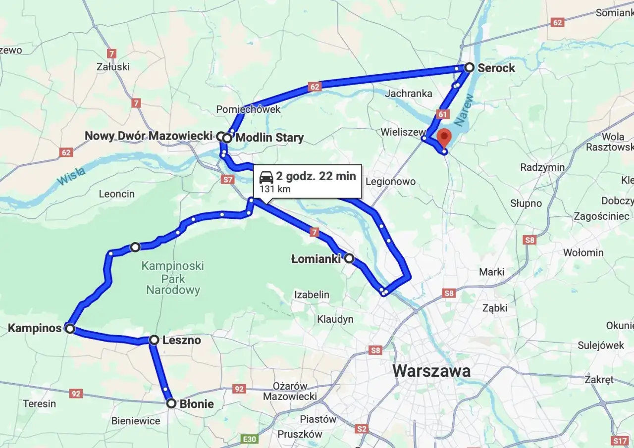 Trasy motocyklowe Warszawa: pętla przez Kampinos, Modlin Stary i Serock. 131 km, 2h 22 min.
