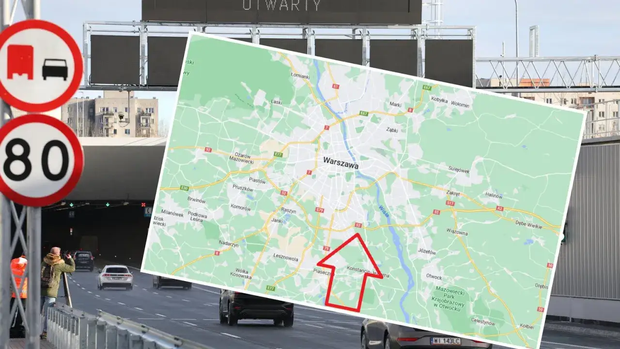 Znak ograniczenia prędkości 80 km/h i mapa z zaznaczonym odcinkiem S2. System odcinkowy pomiar prędkości S2 monitoruje ruch.