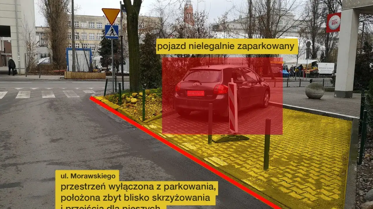 Samochód zaparkowany zbyt blisko skrzyżowania i przejścia dla pieszych. Przestrzeń wyłączona z parkowania.