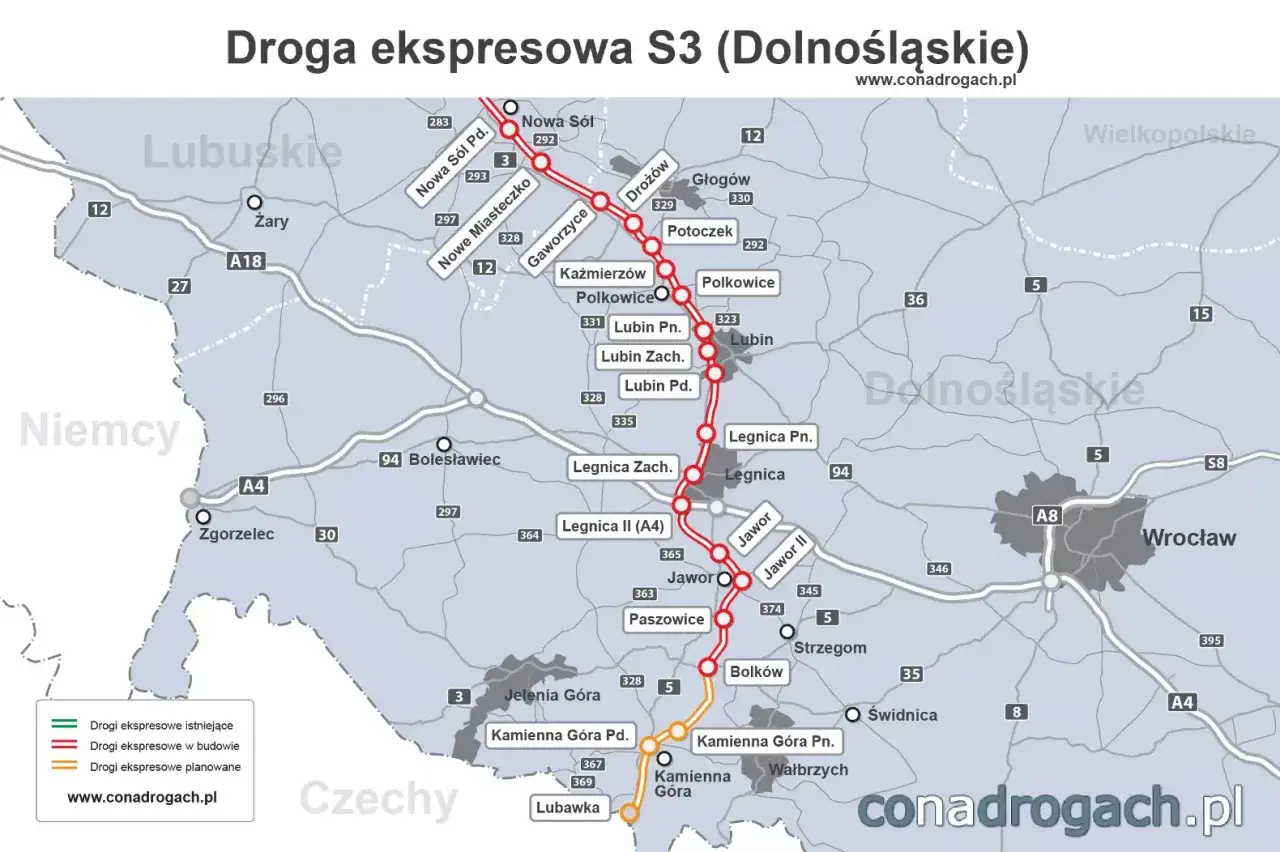 Mapa drogowa Polski z zaznaczoną autostradą a3 polska, pokazująca istniejące, budowane i planowane odcinki drogi ekspresowej S3.
