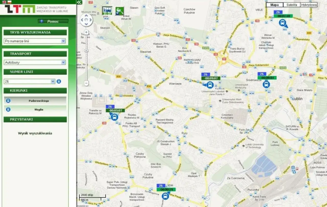Jak dojadę do Lublina? Mapa pokazuje linie autobusowe, w tym linię 26, z czasami przyjazdu.