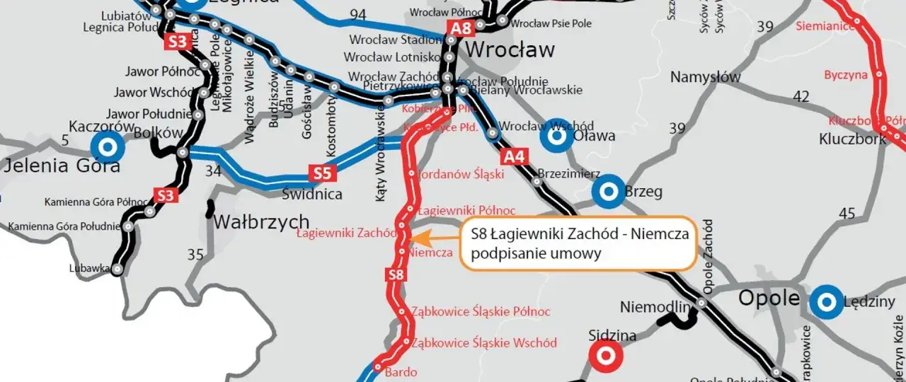 Mapa drogowa z zaznaczoną trasą S8, przebiegającą przez Łagiewniki Zachód i Niemczę.