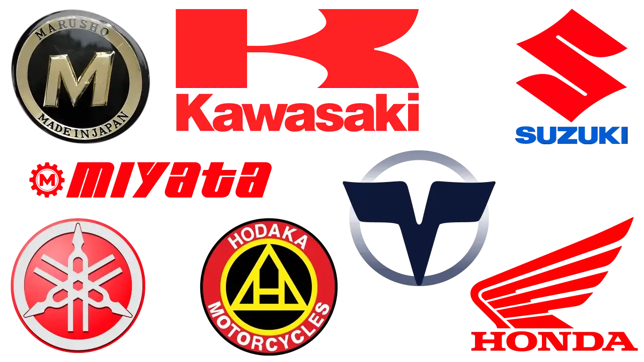 Loga japońskich motocykli: Marusho, Kawasaki, Suzuki, Miyata, Yamaha, Hodaka, V-Strom, Honda.