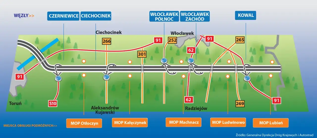 Mapa autostrady A1 Toruń Ł&oacute;dź punkty poboru opłat