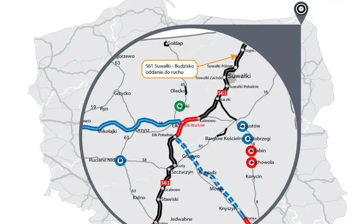Mapa pokazuje przebieg drogi S61 Via Baltica, z zaznaczonym odcinkiem Suwałki-Budzisko.