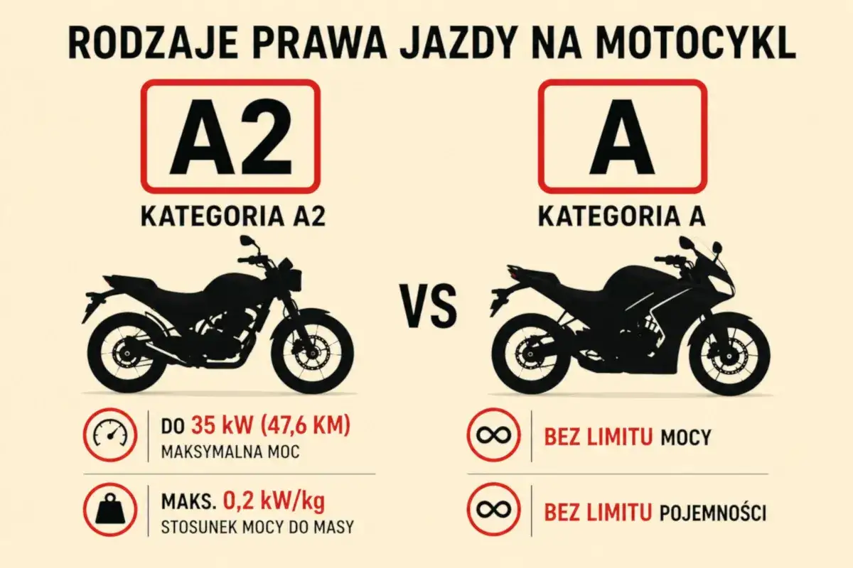 Porównanie kategorii A2 i A prawa jazdy na motor. A2 to motocykle do 35 kW, A to bez limitu mocy i pojemności.