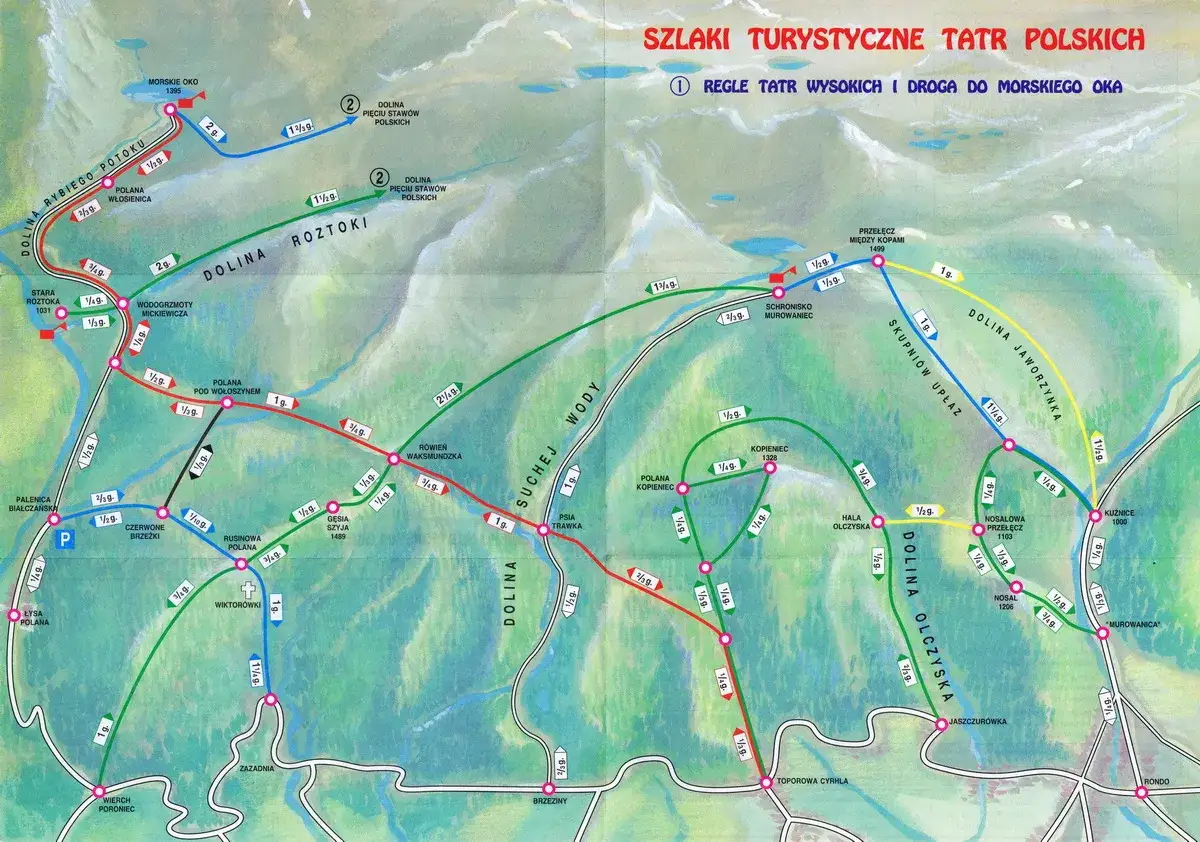 Mapa szlaków turystycznych w górach w Polsce, przedstawiająca trasy w Tatrach, z zaznaczonymi dolinami, schroniskami i czasami przejść.