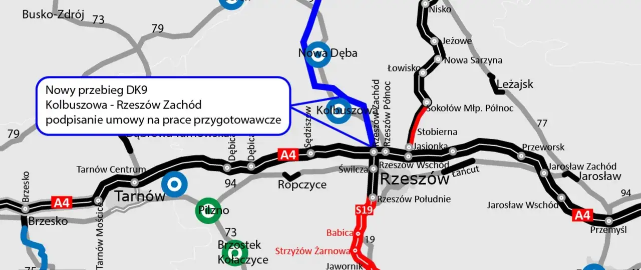 Mapa drogowa z zaznaczoną trasą DK9 Kolbuszowa-Rzeszów Zachód. Widoczne autostrady A4 i drogi krajowe 73, 79, 94.