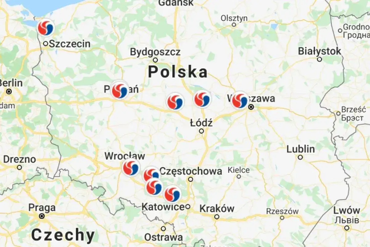 Mapa Polski z zaznaczonymi punktami, które mogą oznaczać autostrada A2 opłaty. Widoczne miasta: Szczecin, Poznań, Łódź, Warszawa, Wrocław, Częstochowa, Katowice, Kraków.