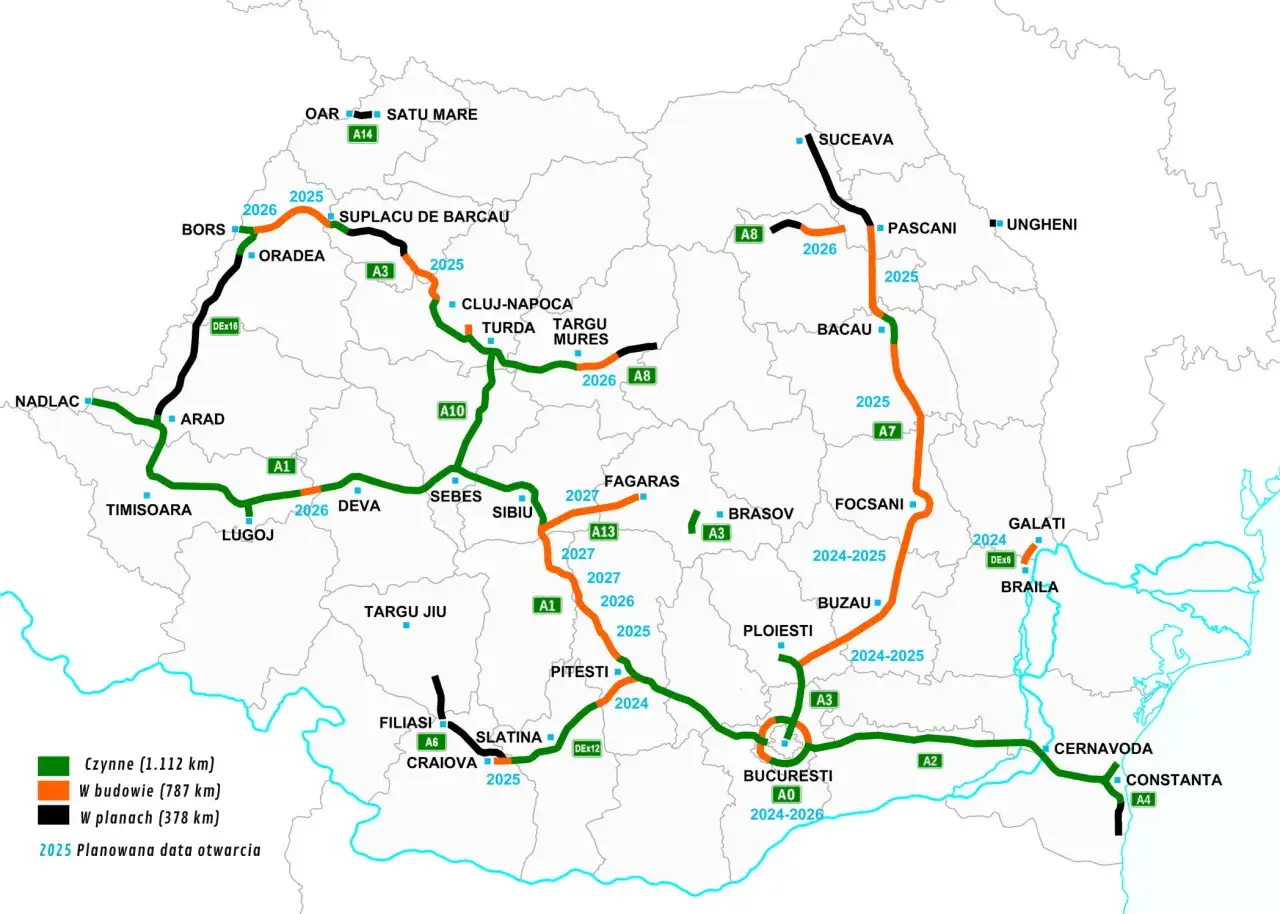 Mapa autostrady A1 z zaznaczeniem odcinków płatnych i bezpłatnych