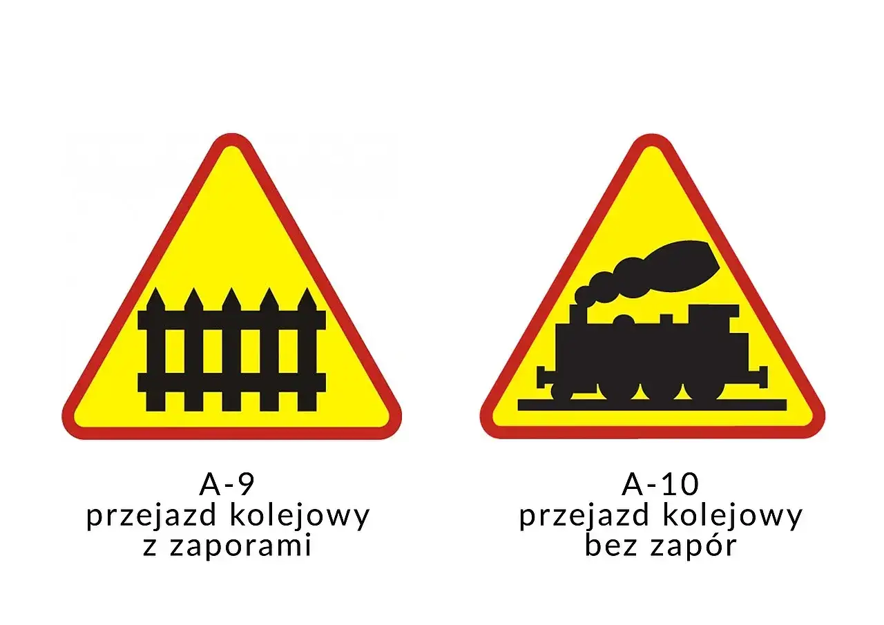 Znak A9 ostrzega przed przejazdem kolejowym zaporami. Obok znak A10 z lokomotywą.
