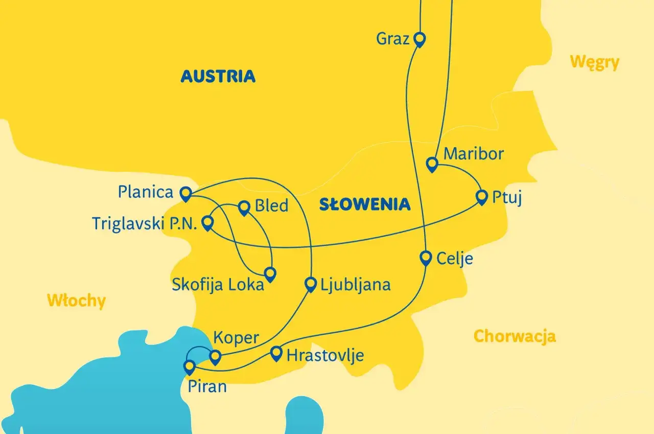 Mapa trasy Polska Chorwacja przez Czechy Austrię Słowenię