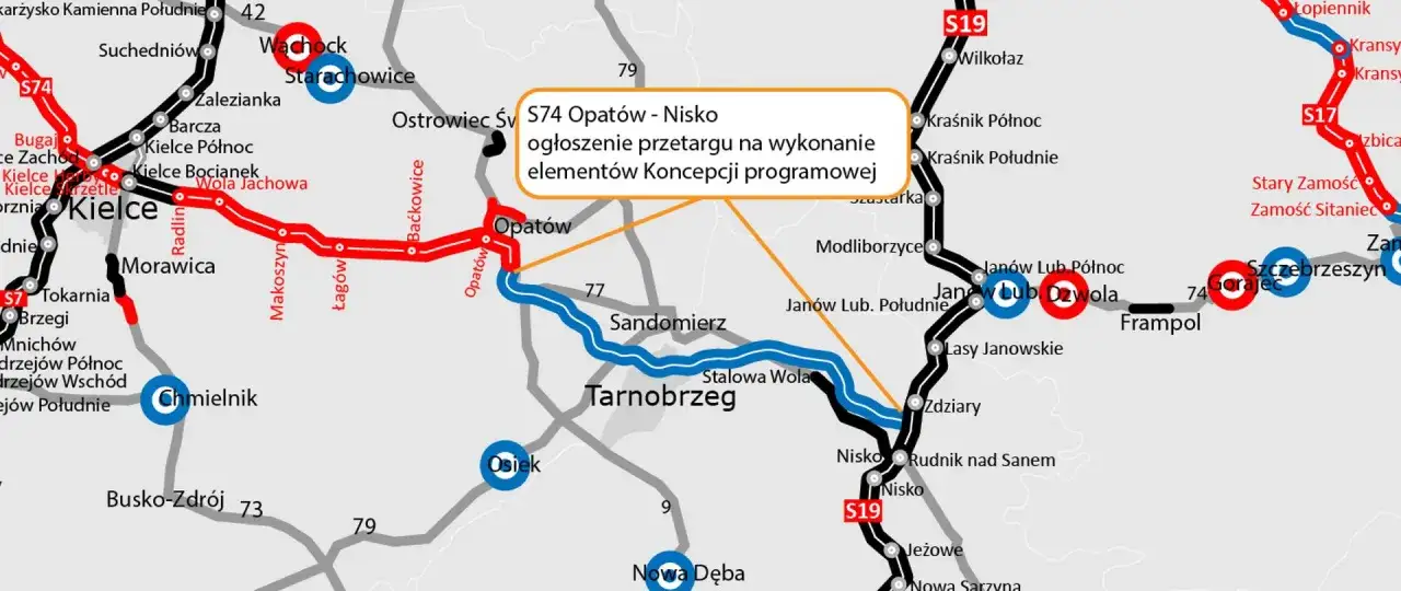 Mapa drogowa S74 z zaznaczonym odcinkiem Opatów-Nisko, gdzie trwa przetarg na koncepcję programową.