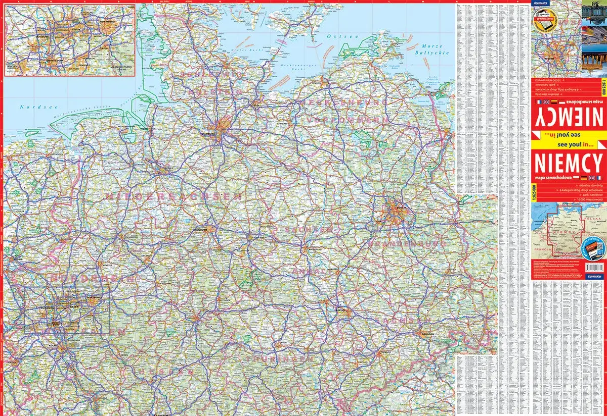 Mapa drogowa Niemiec z zaznaczoną autostradą A5. Widoczne miasta: Hamburg, Hanower, Berlin.