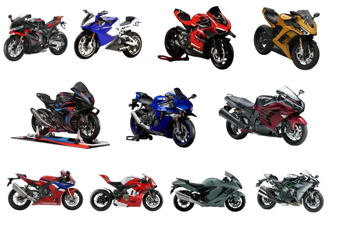 Kolekcja sportowych motocykli, w tym najmocniejszy motocykl, gotowych do wyścigów.