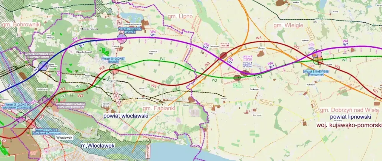 Mapa drogowa z zaznaczonym przebiegiem drogi ekspresowej S10, węzłami i miejscowościami.