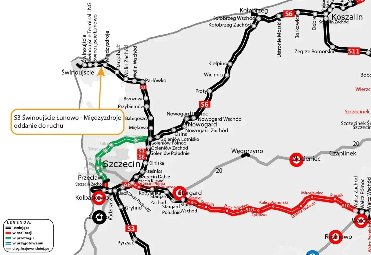 Mapa drogowa z zaznaczoną autostradą a3 i innymi drogami. Wyróżniono odcinek Świnoujście-Międzyzdroje.