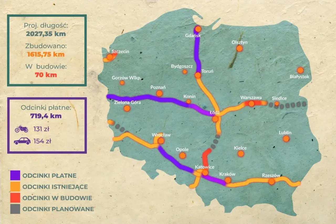 Mapa płatnych odcinków autostrad w Polsce