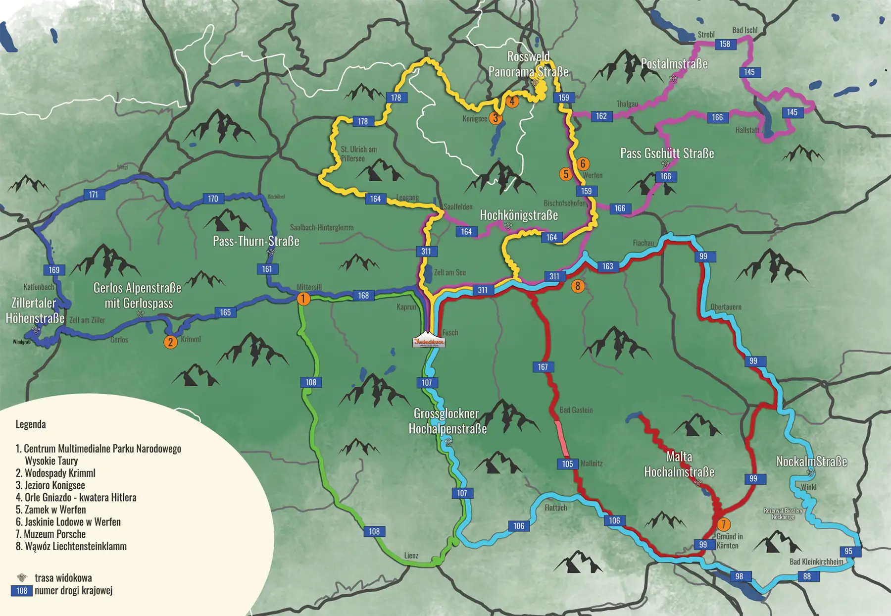 Mapa trasy motocyklowej w Alpach