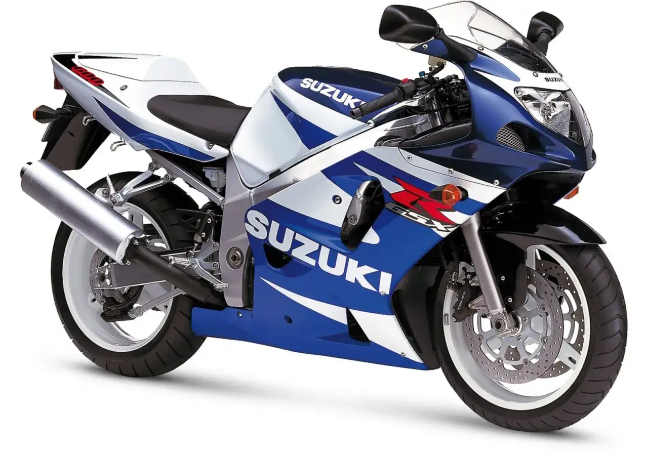 Suzuki GSX-R 600 SRAD w niebiesko-białych barwach, gotowy do podboju asfaltu.