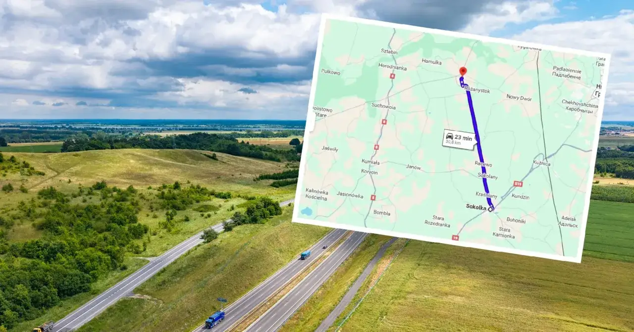 Mapa z zaznaczoną trasą S19, najdłuższa prosta droga w Polsce, prowadzi przez malownicze tereny Podlasia.