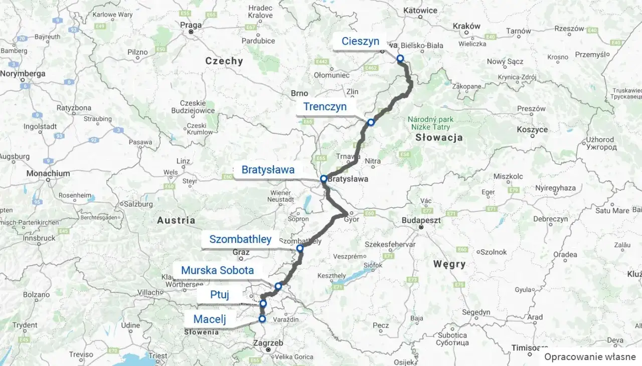 Mapa trasy Polska Chorwacja przez Węgry