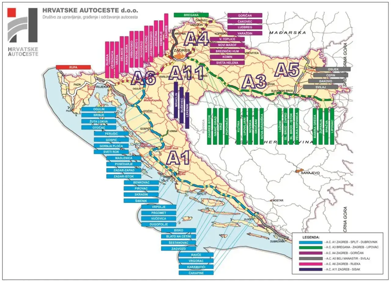 Mapa pokazuje płatne autostrady w Chorwacji. Kolory oznaczają różne trasy, np. A1 (niebieski) od Zagrzebia do Dubrownika.
