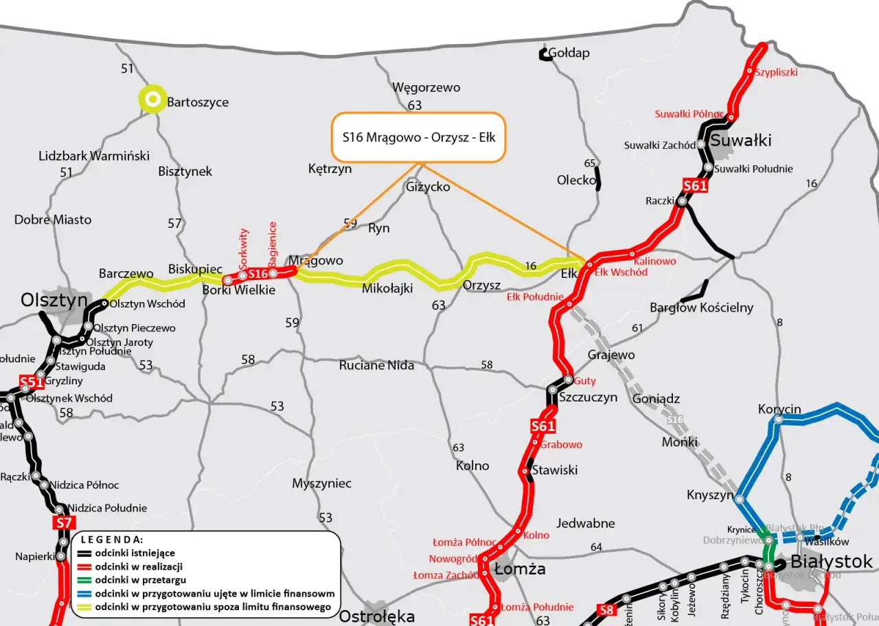 Mapa drogowa z zaznaczoną drogą S16, S61 i S7, pokazująca odcinki istniejące, w realizacji i planowane.