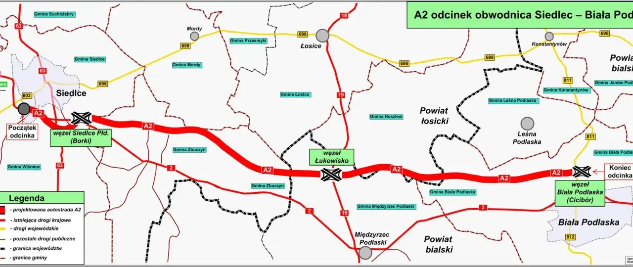 Mapa pokazuje odcinek autostrady A2 od Siedlec do Białej Podlaskiej, z zaznaczonymi gminami i powiatami.