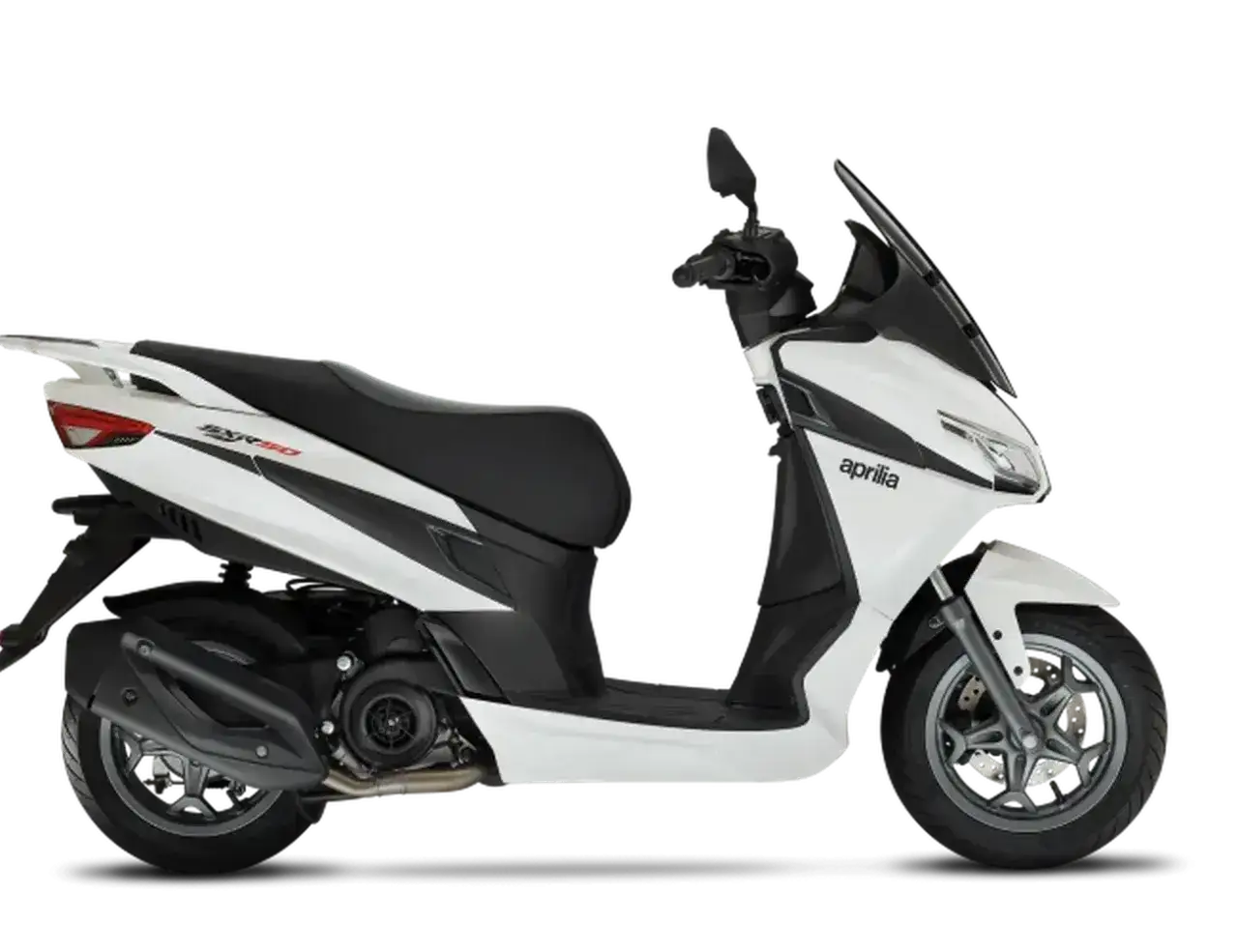 Biały, sportowy skuter Aprilia SR GT 50 z czarnymi akcentami, idealny do miejskich podróży.