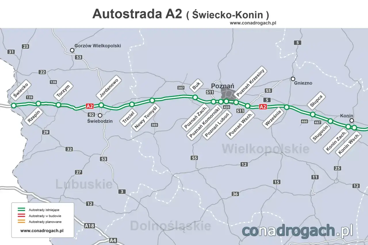 Mapa autostrady A2 Świecko-Konin z zaznaczonymi miastami i węzłami. Informacje o autostradach istniejących, w budowie i planowanych, a także o opłatach e-toll.