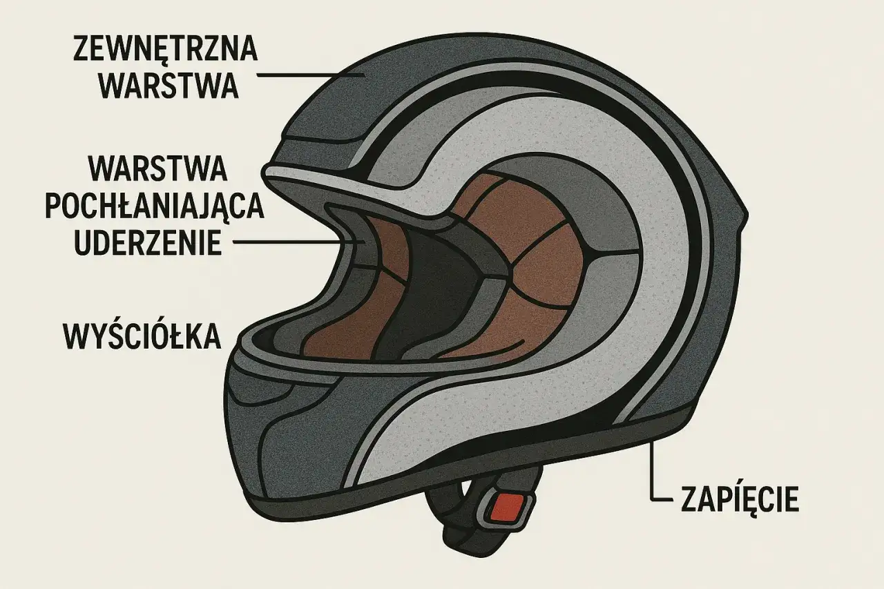 Przekrój kasku motocyklowego materiały