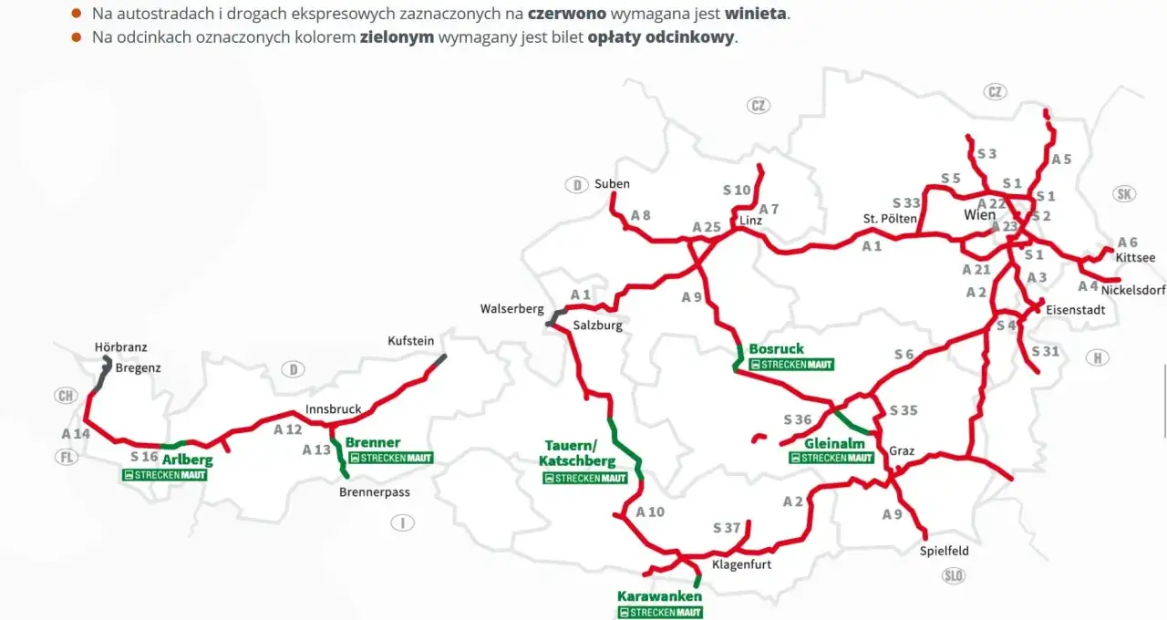 Mapa Austrii z zaznaczonymi trasami, gdzie na czerwono wymagane są winiety, a na zielono opłaty odcinkowe. Planujesz podróż w 2025? Sprawdź winiety Austria 2025!